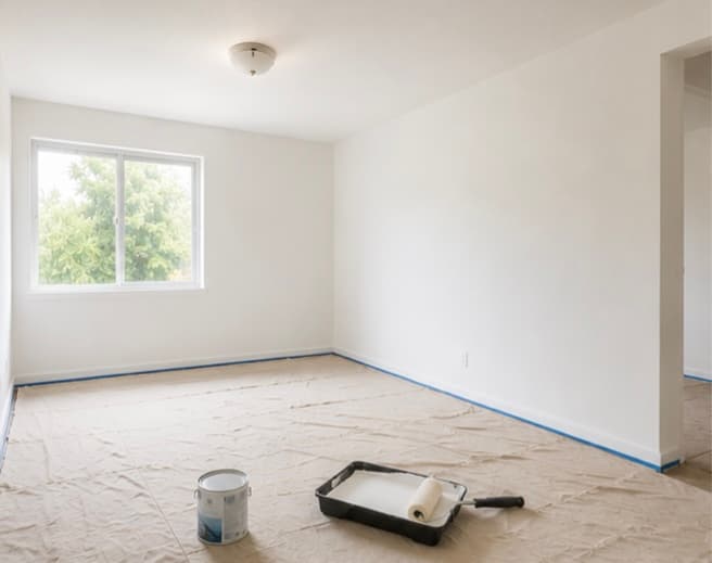 Interior room mid-paint with drop cloths and roller